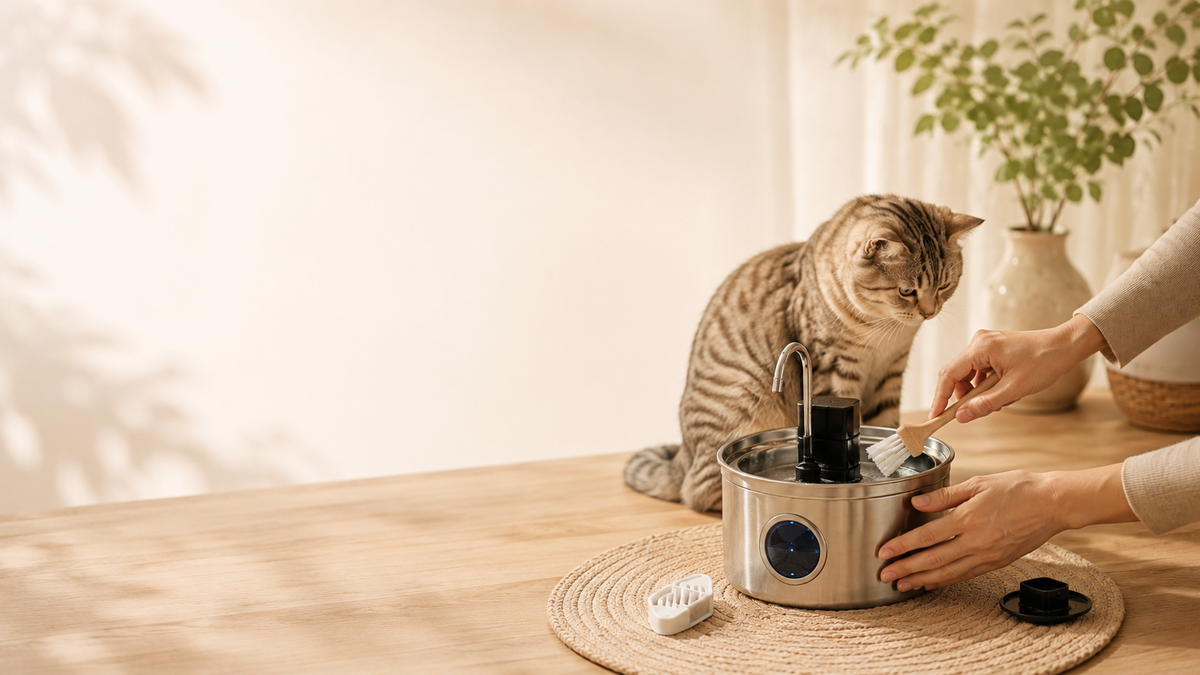Cat beside a THYLY water fountain