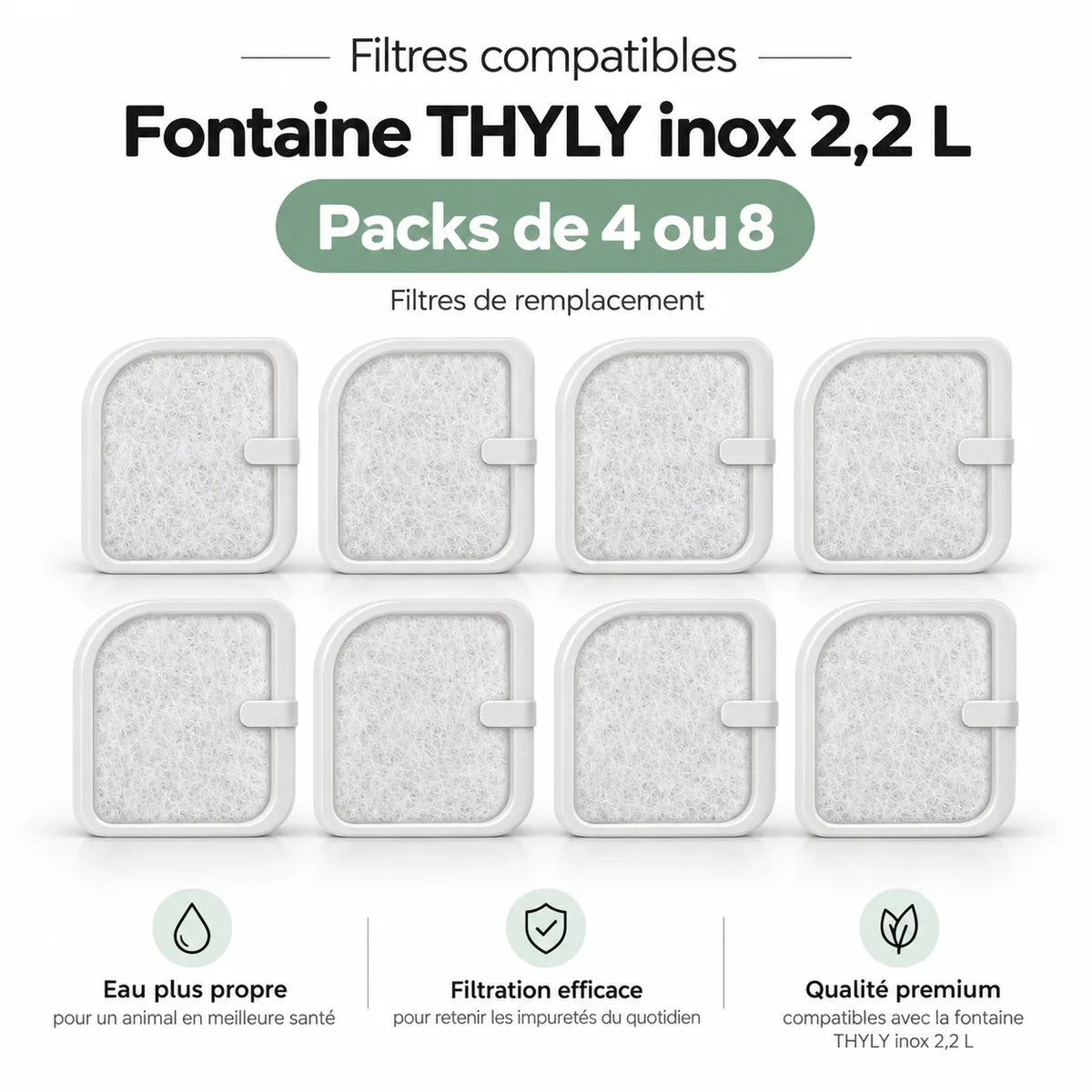 Filtres compatibles pour fontaine inox 2,2 L – packs de 4 ou 8