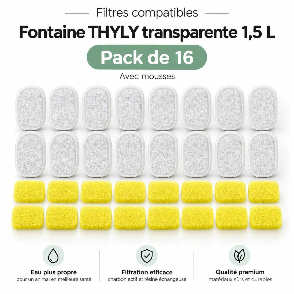 Filtres compatibles pour fontaine USB transparente 1,5 L – pack de 16