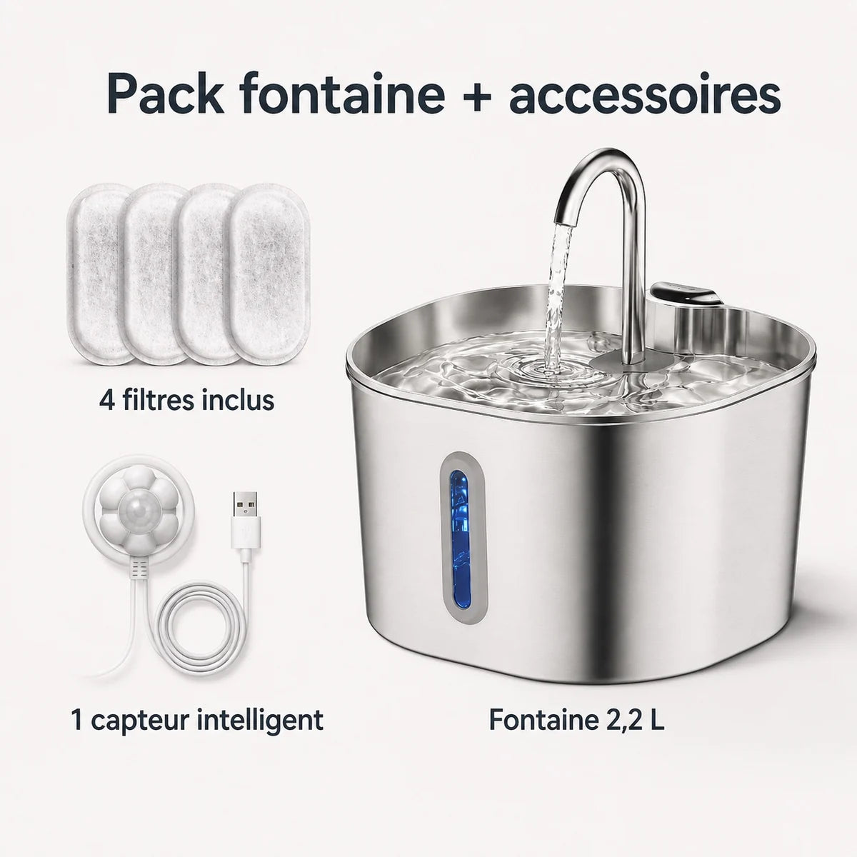 Accessoires proposés avec les différentes formules de la fontaine à eau en inox 2,2 L