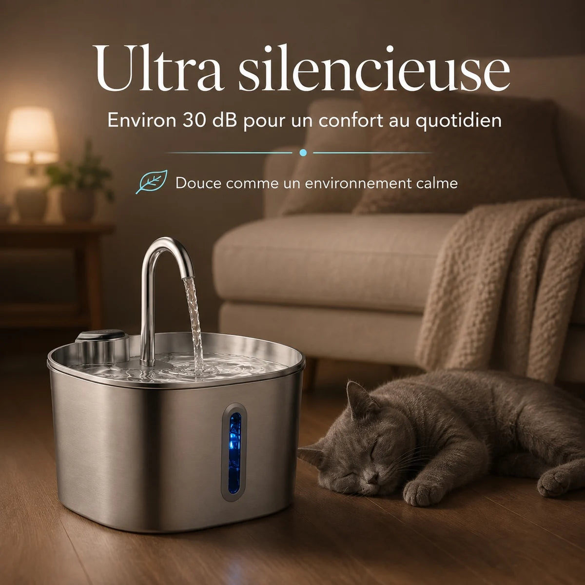 Fontaine à eau en inox 2,2 L en fonctionnement