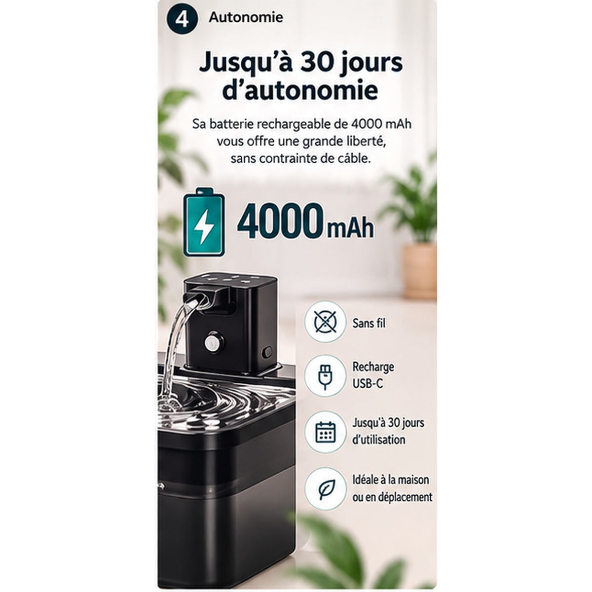 Fontaine sans fil 2,5 L avec batterie rechargeable 4000 mAh et recharge USB-C