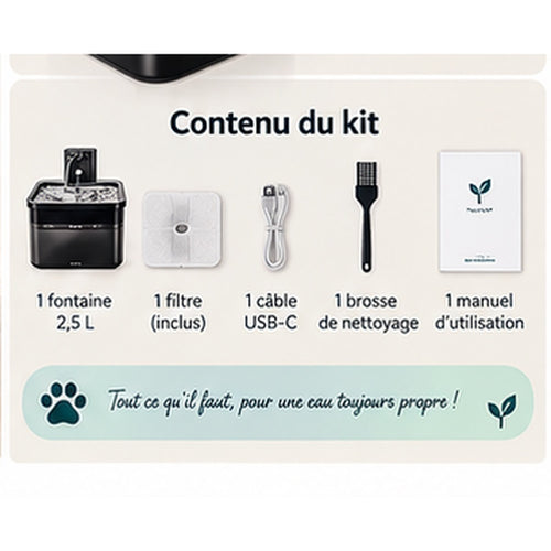 Contenu du kit de la fontaine sans fil 2,5 L avec filtre, câble USB-C, brosse et manuel