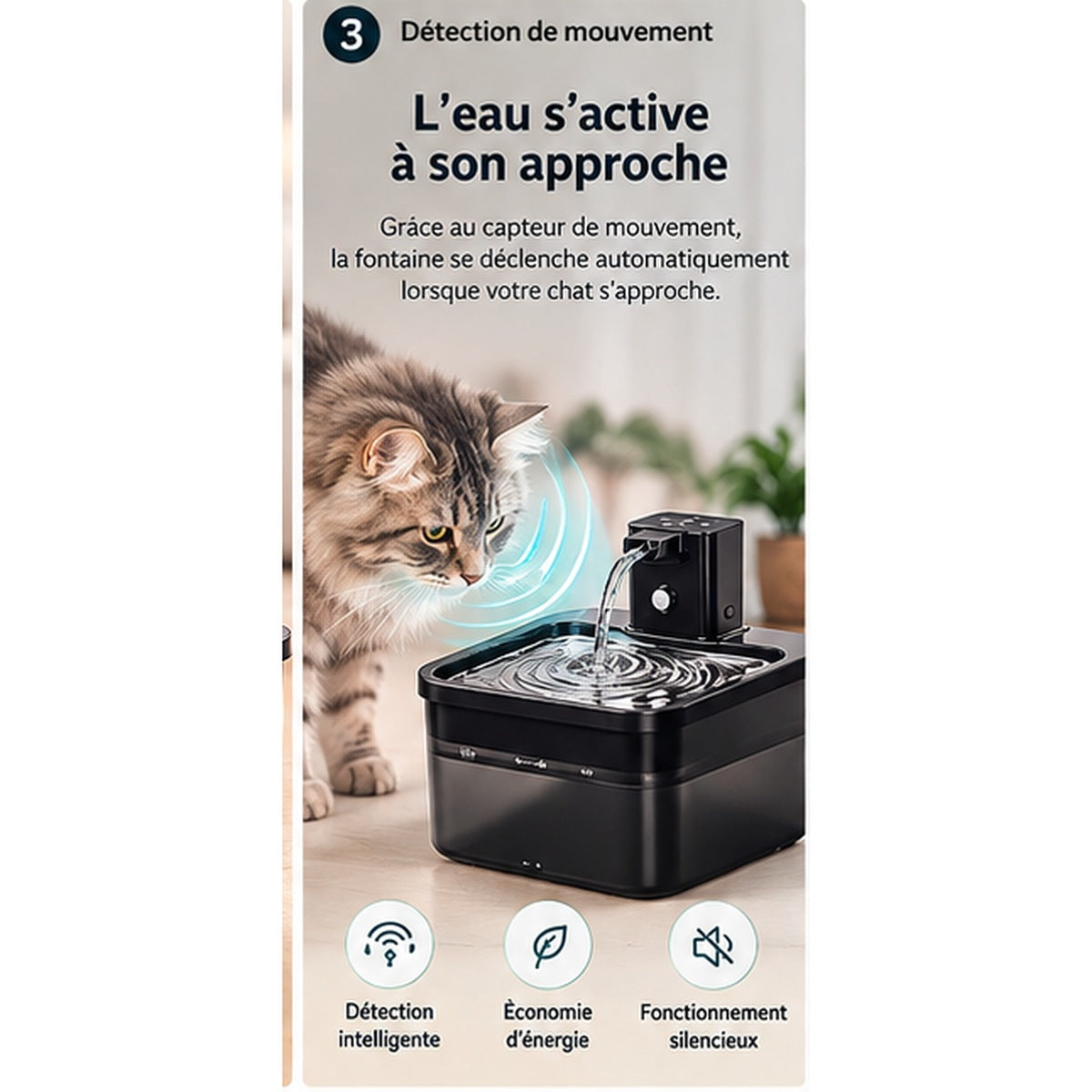 Fontaine sans fil 2,5 L avec détection de mouvement lorsqu’un chat s’approche