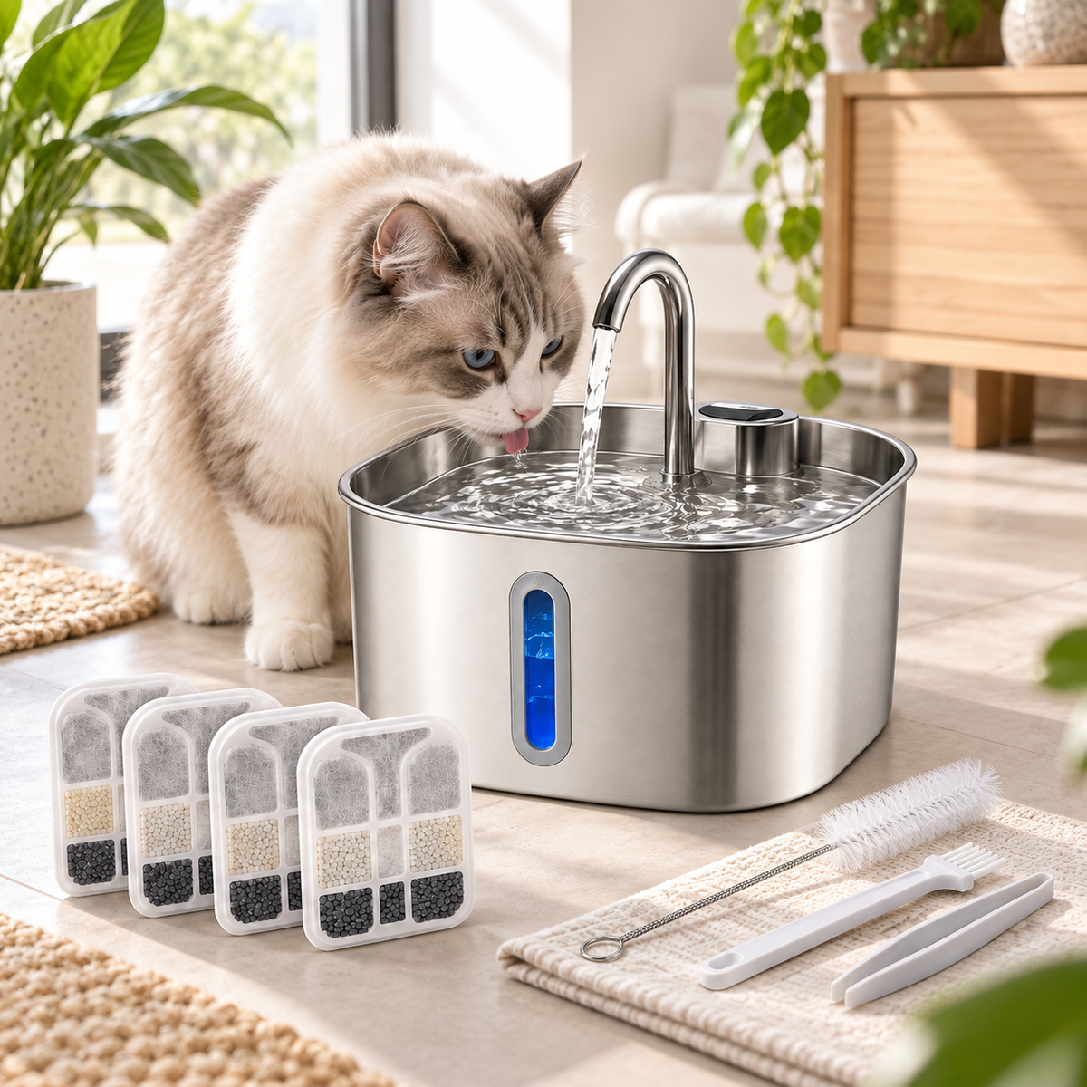 Chat utilisant une fontaine à eau en inox 2,2 L