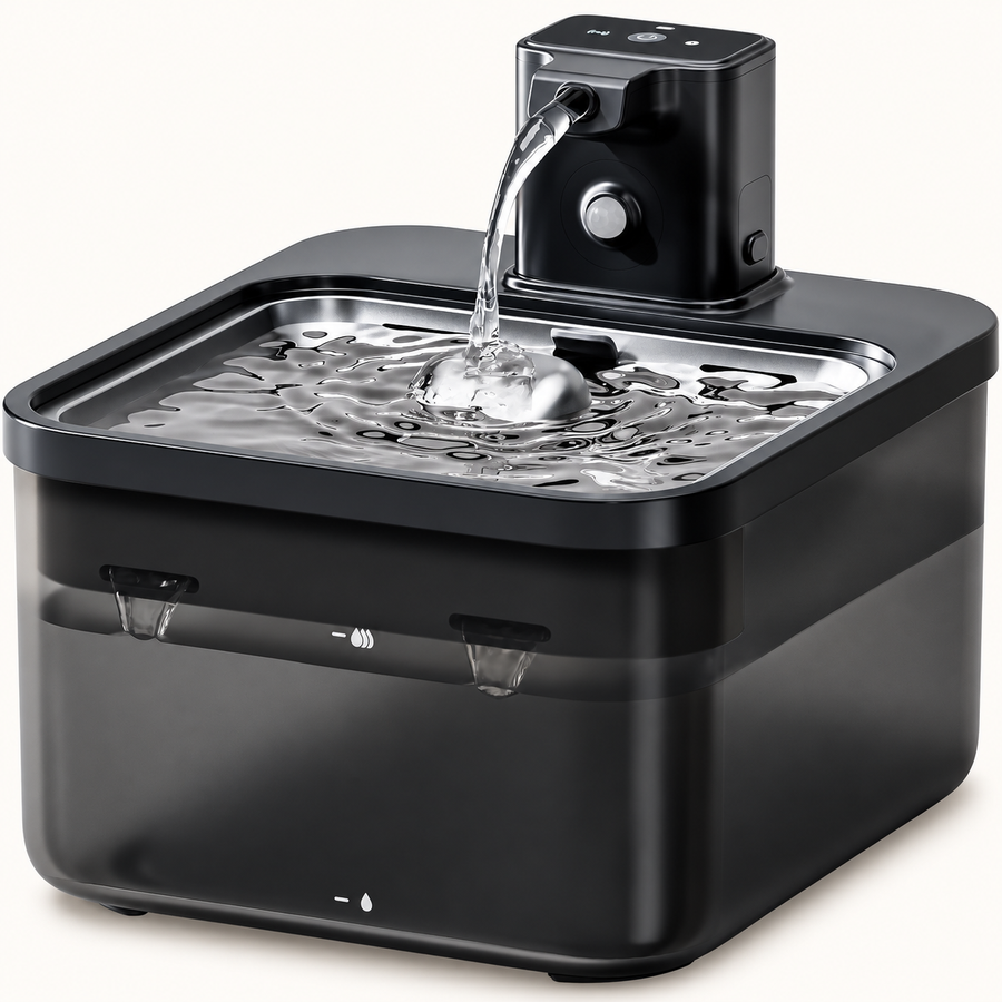 Fontaine sans fil 2,5 L noire, réservoir carré, plateau inox et capteur de mouvement