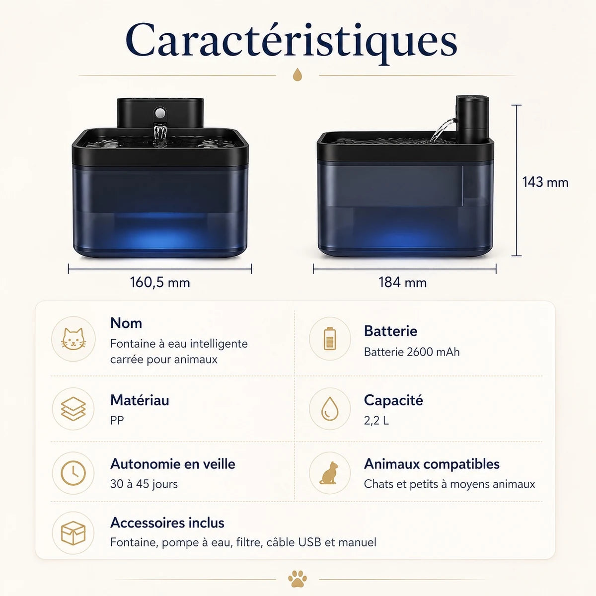 Caractéristiques de la fontaine à eau sans fil avec capteur infrarouge