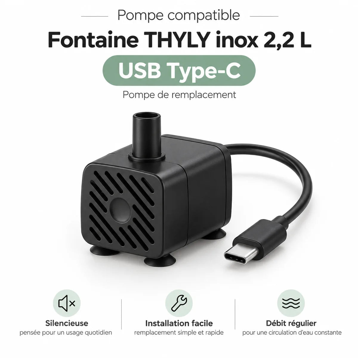 Pompe compatible pour fontaine inox 2,2 L – USB Type-C